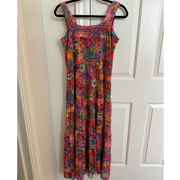 Natural Life Floral Mesh Tiered Maxi Dress Boho Cottagecore Sheer V-Neck Size M - Picture 4 of 9